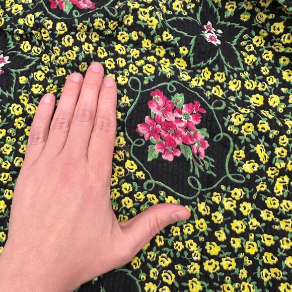 Vintage Floral Apron 50s Handmade Black Pink Yellow Flowers One Pocket Tie Back - Picture 5 of 6